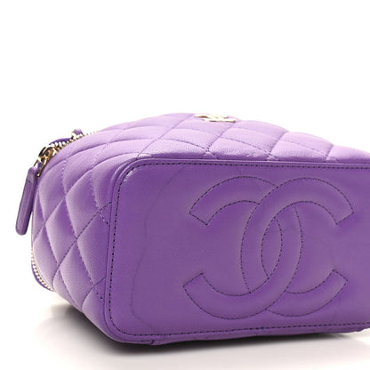 Lambskin Quilted Small Top Handle Vanity Case With Chain Purple