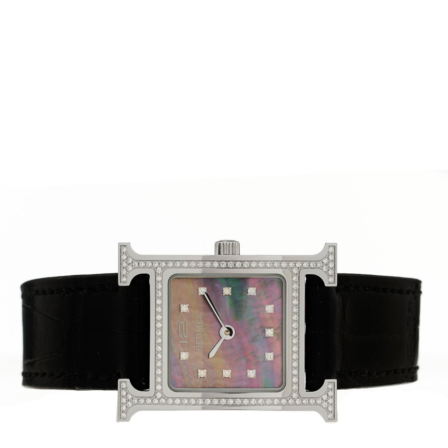 Stainless Steel Alligator Diamond Bezel Black Mother of Pearl 17.2mm Heure H Hour Quartz Watch Graphite