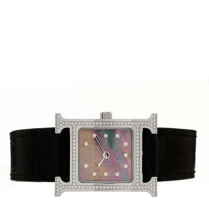 Stainless Steel Alligator Diamond Bezel Black Mother of Pearl 17.2mm Heure H Hour Quartz Watch Graphite