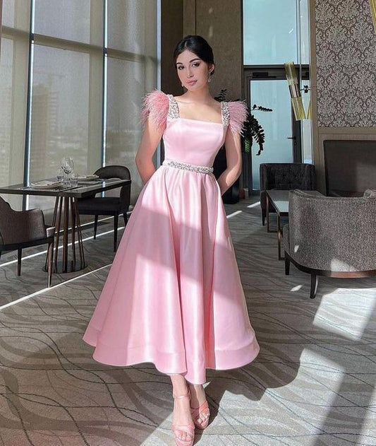 A Line Event Prom Night Dresses Satin Feather Sleeveless Evening Party Gowns Formal Occasion Dress
