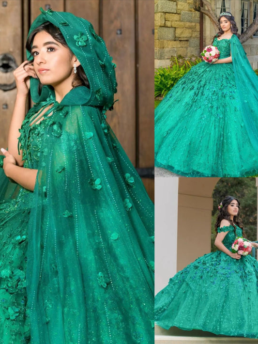 Green Sparkly Quinceanera Dresses With Cape Tassels Sweet 16 Dresses Ball Gown 3D Flowers Tulle Birthday Gowns