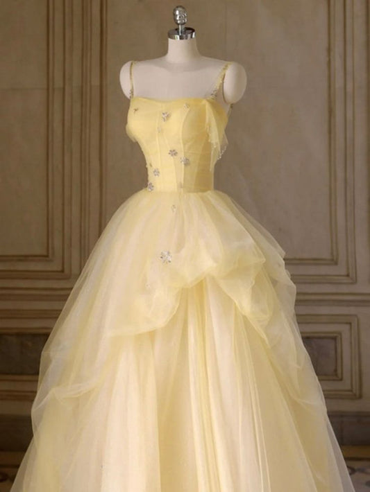 A Line Spaghetti Straps Layered Yellow Long Prom Dresses Yellow Tulle Formal Evening Dresses Ball Gown