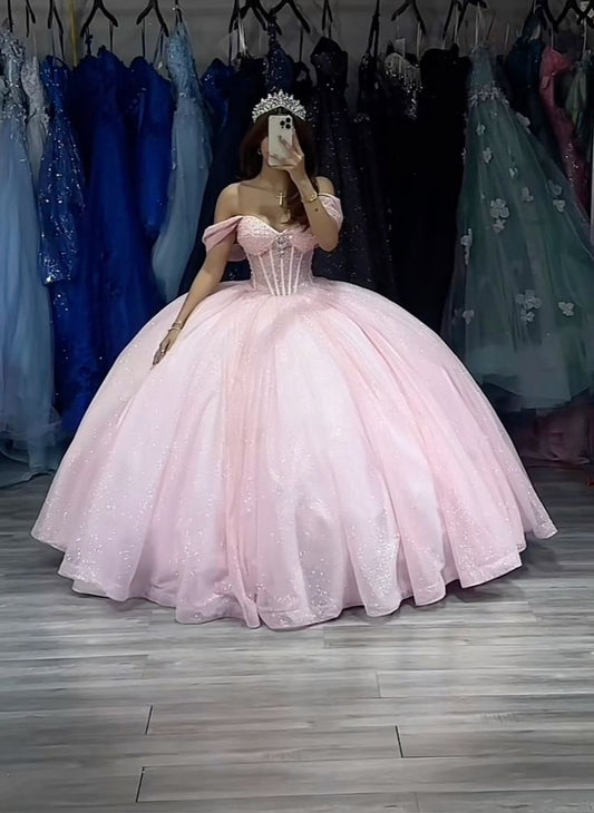 A line Off The Shoulder Tulle Prom Dress Baby pink quince dress Ball Gowns