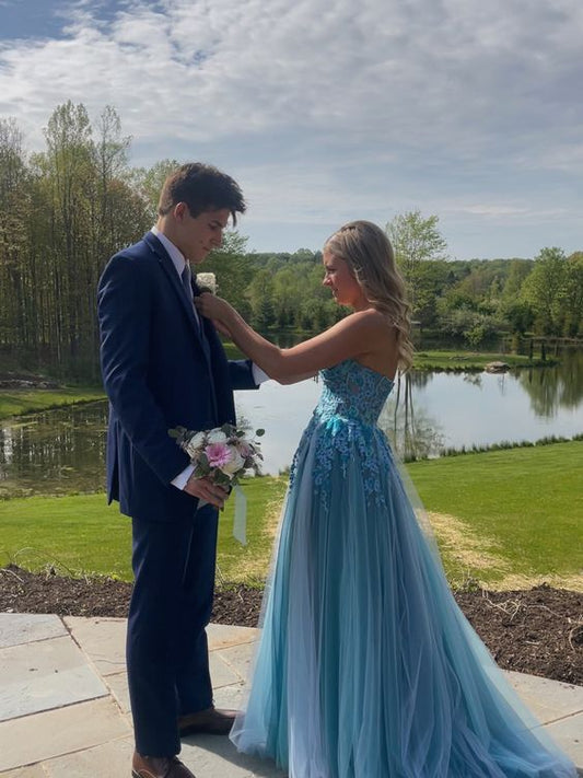 A Line Blue Long Prom Dress Elegant Evening Gown