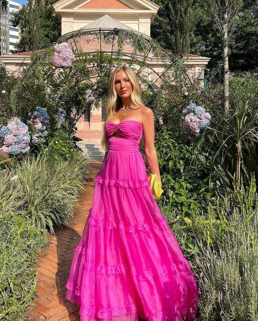 Hot Pink Formal Occasion Dress Sweetheart Organza Long Party Dress Tiered Sleeveless Sexy Evening Gowns
