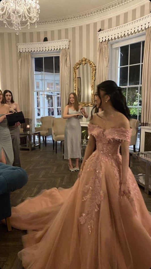 A line Off The Shoulder Tulle Prom Dress Party Dress Formal Occasion Gowns