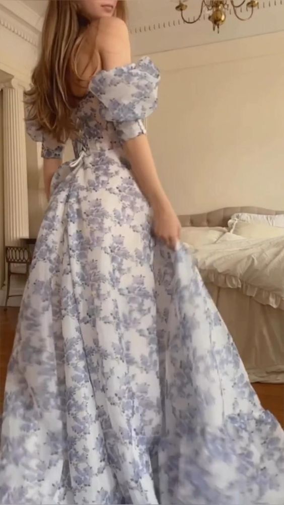 Floral Prom Dresses Off The Shoulder Party Dress Chiffon Evening Gown