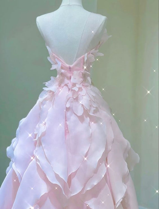 A Line Pink Long Prom Dresses,Strapless Evening Gown     S4921