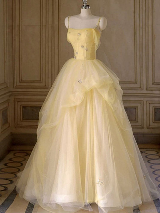 A Line Spaghetti Straps Layered Yellow Long Prom Dresses Yellow Tulle Formal Evening Dresses Ball Gown