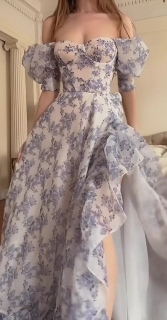 Floral Prom Dresses Off The Shoulder Party Dress Chiffon Evening Gown