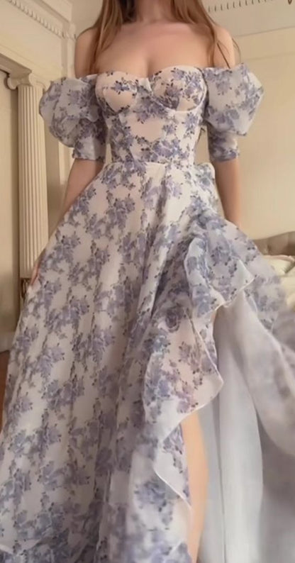 Floral Prom Dresses Off The Shoulder Party Dress Chiffon Evening Gown