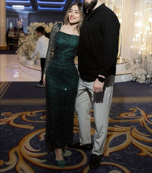Green Sequin Prom Dress Long Sleeves Evening Gown