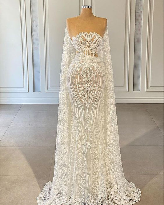 Ivory lace Mermaid Prom Dresses Party Gowns Wedding Dress Lining inside will not be see through