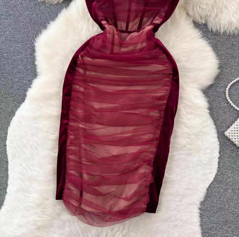 Vintage Dress, Pleated Splicing Velvet Top Strap Dress, Slim Bodycon Dress      S4405