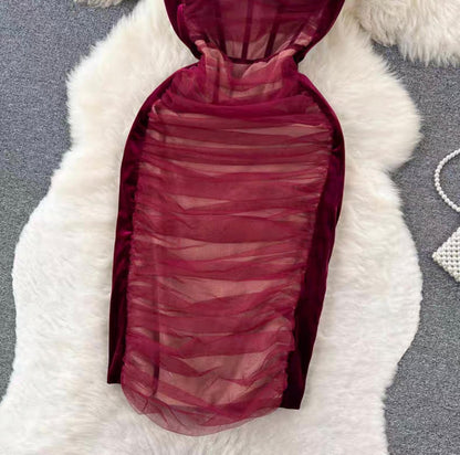 Vintage Dress, Pleated Splicing Velvet Top Strap Dress, Slim Bodycon Dress      S4405
