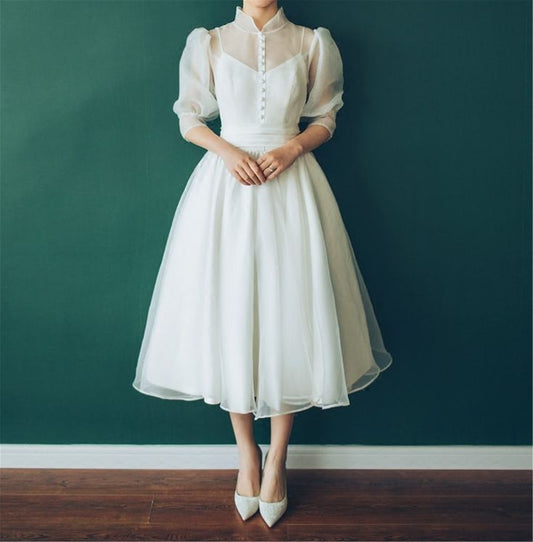 Ivory Organza Short Tea Length Wedding Dress,Vintage High Neck Wedding Dress,Short Bridal Dress Gown      S3544