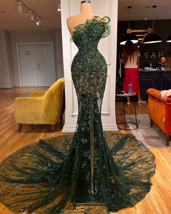 Long Train Strapless Green Party Dresses Arabic Mermaid Formal Evening Gowns For Women