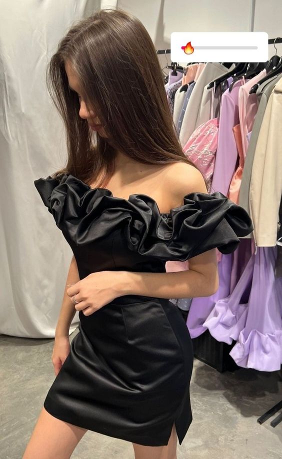 Black Satin Ruffle Bodycon Dress Homecoming Gown
