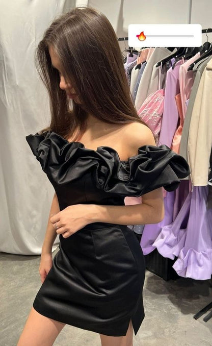 Black Satin Ruffle Bodycon Dress Homecoming Gown