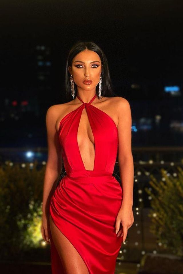 Sexy Mermaid Halter Red Satin Deep V Neck Prom Evening Dresses with High Split,Evening Party Dresses     S3606