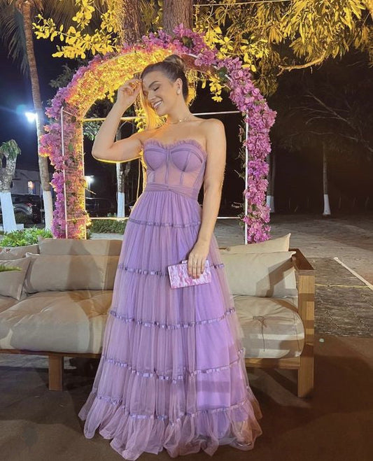 A Line Lilac Prom Dress Strapless Formal Evening Gown