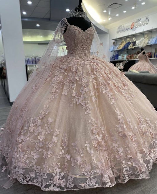 A Line Light Pink Tulle Prom Dress Puffy Quinceanera Dresses Ball Gown