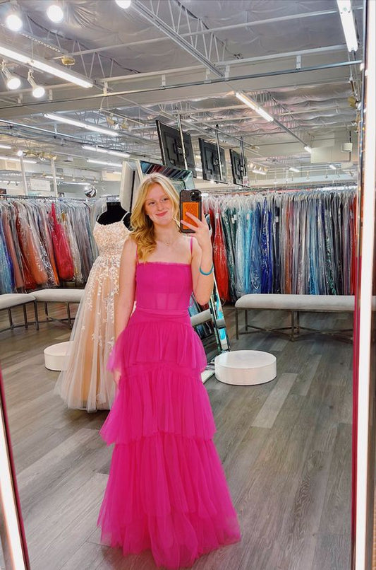Hot Pink Tiered Prom Dress Formal Gown Party Dresses