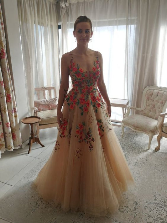 A Line Evening Dress Sexy V neck Tulle Women Formal Prom Gowns