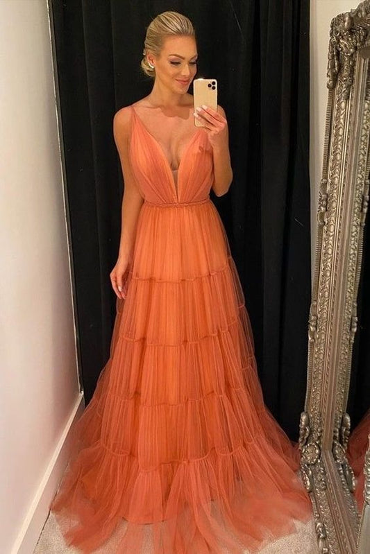 A Line Orange Formal Evening Dress Prom Party Long Gown