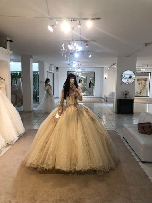 A Line Champagne Tulle Prom Dress With Flowers Puffy Quinceanera Dresses Ball Gown