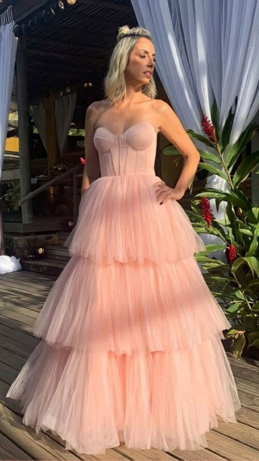 A Line Sweetheart Pink Prom Dress Layers Strapless Formal Evening Gown