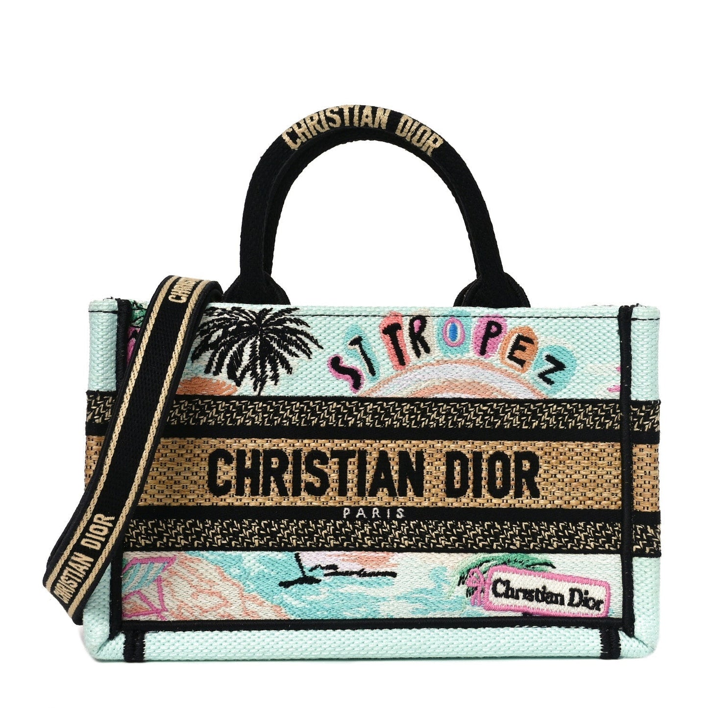 Canvas Embroidered Souvenir Saint Tropez Mini Book Tote With Strap Natural Multicolor