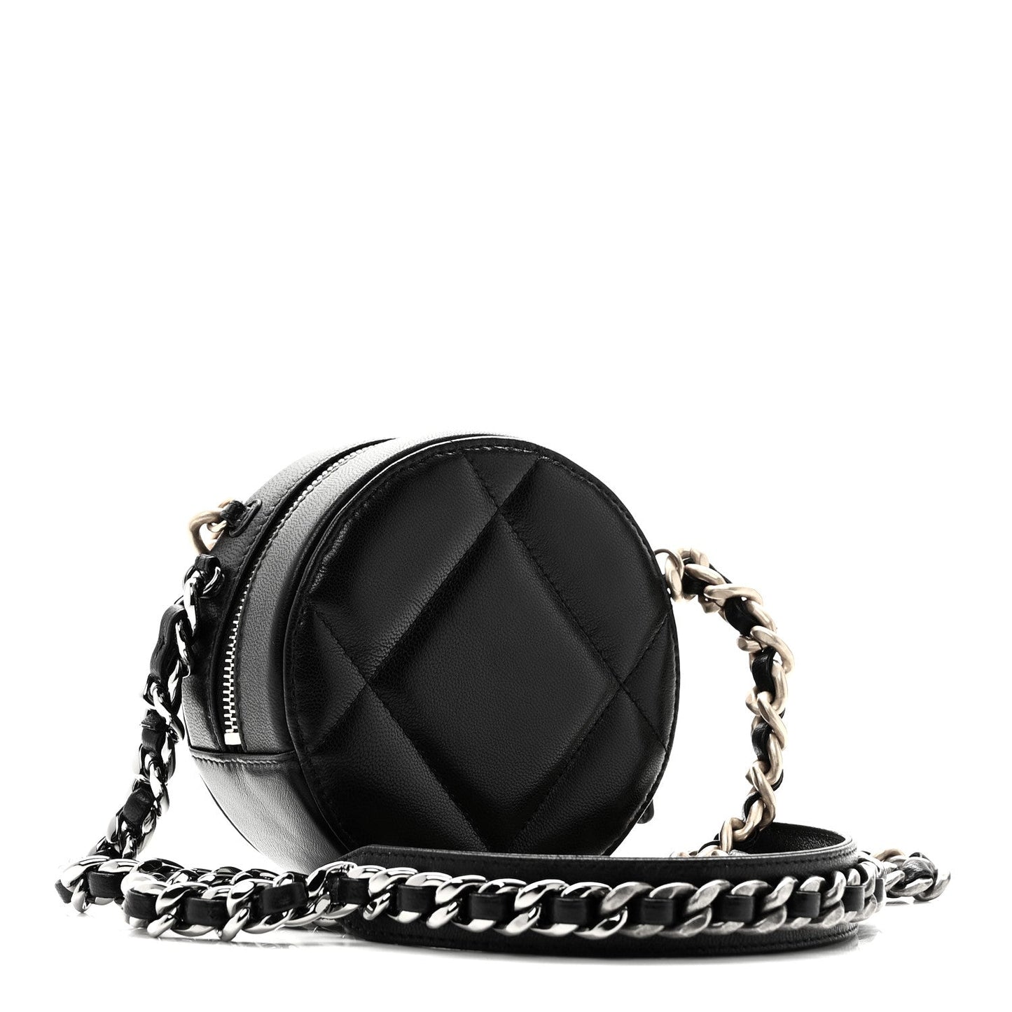 Shiny Goatskin Quilted Chanel 19 Round Clutch With Chain Black
