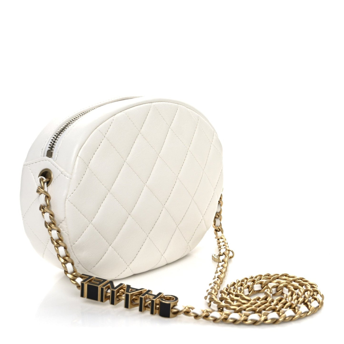 Lambskin Enamel Quilted Mini Clip Round Camera Case White