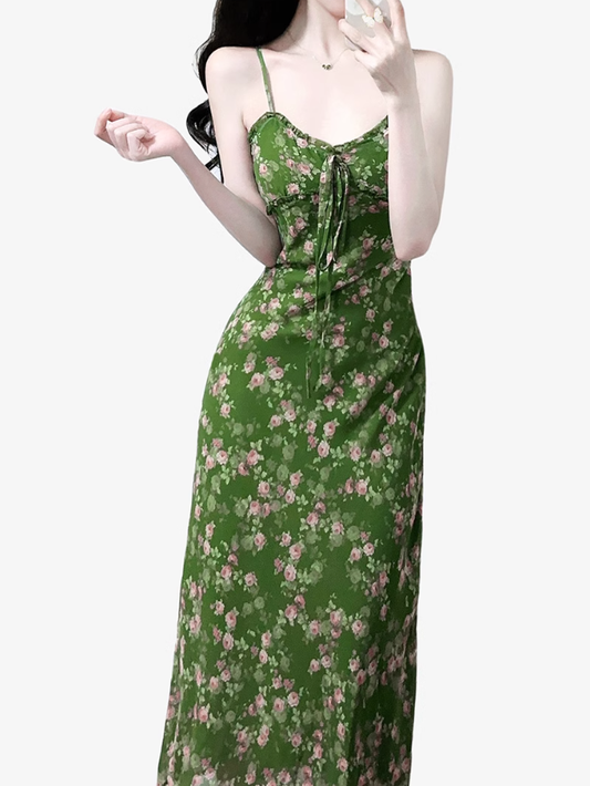 2025 Summer New Green Floral Seaside Vacation Mid-Length Suspender Dress R0941