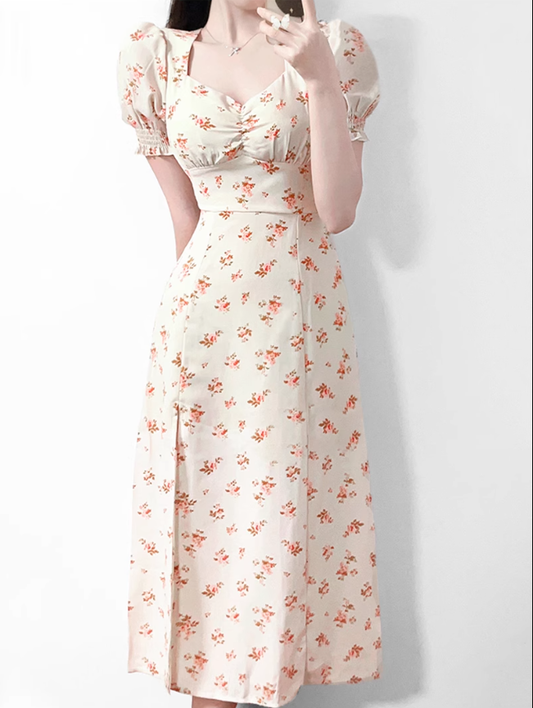 2025 Summer New French Square Neck Puff Sleeve Mid-Length Floral Waist Dress R0928