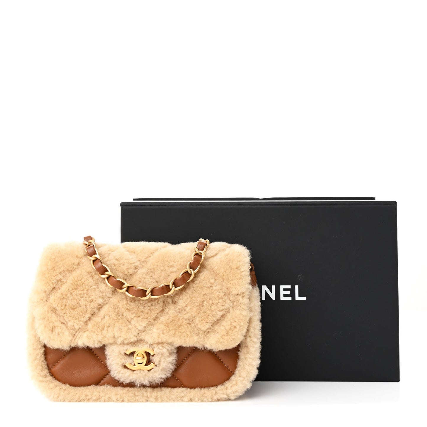 Shearling Lambskin Quilted Mini Furry Coco Flap Beige Brown