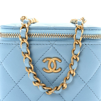 Lambskin Quilted Pearl Crush Mini Vanity Case With Chain Light Blue