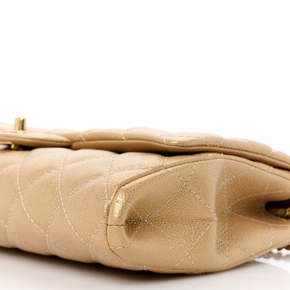 Metallic Caviar Quilted Clutch With Chain Flap Gold