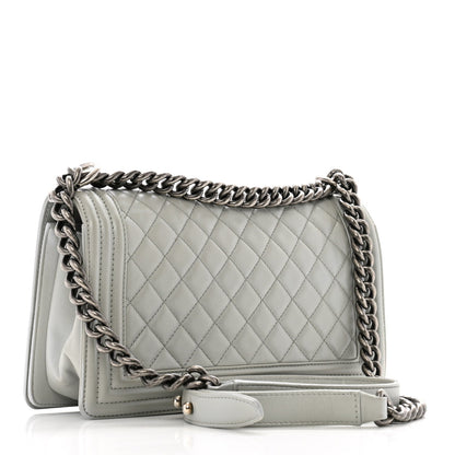Metallic Lambskin Quilted Medium Boy Flap Silver