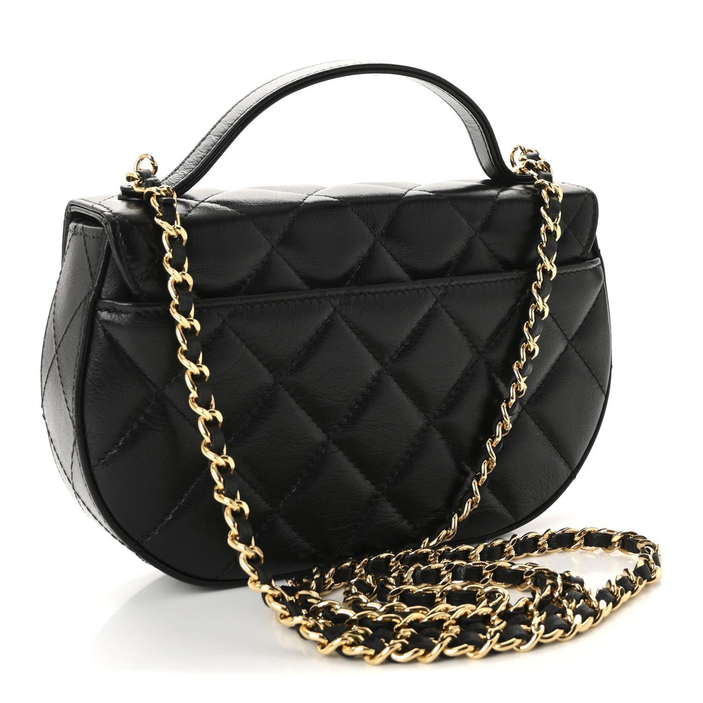 Shiny Aged Calfskin Quilted Flap Phone Holder With Chain Black