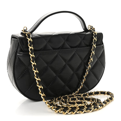 Shiny Aged Calfskin Quilted Flap Phone Holder With Chain Black