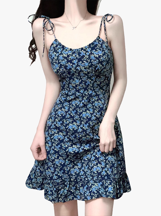 2025 Summer New Blue Floral Vacation Petite Short A-line Suspender Dress R0935