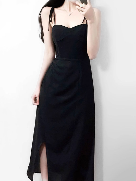 2025 Summer New French Retro Black Waist Cross High Waist Suspender Dress R0978