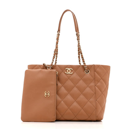 Caviar Quilted Small Shopping Tote Dark Beige