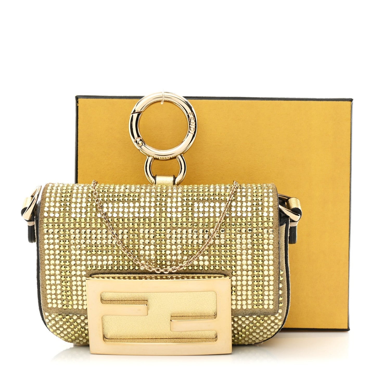 Crystal Vitello Laminato FF Nano Maxi Buckle Baguette Charm Light Gold