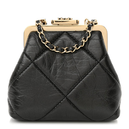 Shiny Aged Lambskin Quilted Kiss Lock Clutch With Chain Black