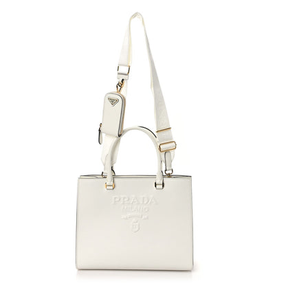 Saffiano Lux Logo Embossed Medium Shoulder Tote Handbag White