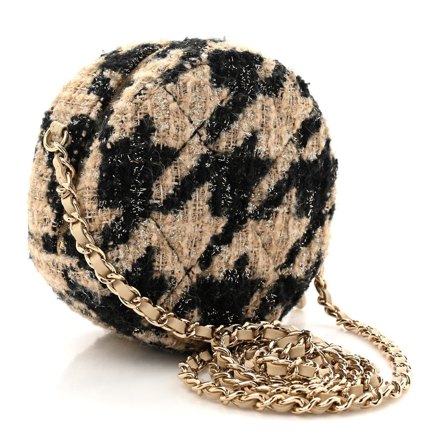 Tweed Shearling Round Clutch With Chain and Coin Purse Beige Black