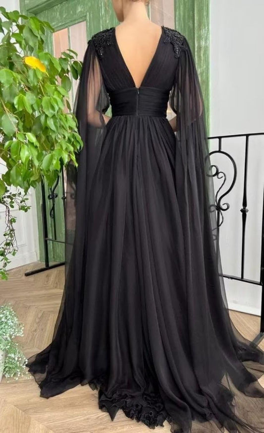 A-Line Evening Gown Black Dress Plus Size Formal Masquerade Court Train Long Sleeve V Neck Wednesday Addams Family Chiffon with Buttons Slit Appliques 2026